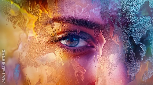 A detailed view of a woman's eye partially obscured by misted glass. Colorful reflections create a dreamy atmosphere, highlighting the beauty of the eye in a warm, soft-lit environment