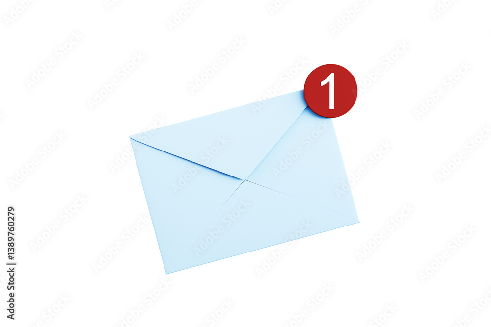 Light blue envelope with red notification icon in clean layout, isolated on white background. Concept of email, communication, message alert. 3D Rendering Light blue envelope with red notification icon in clean layout, isolated on white background. Concept of email, communication, message alert. 3D Rendering