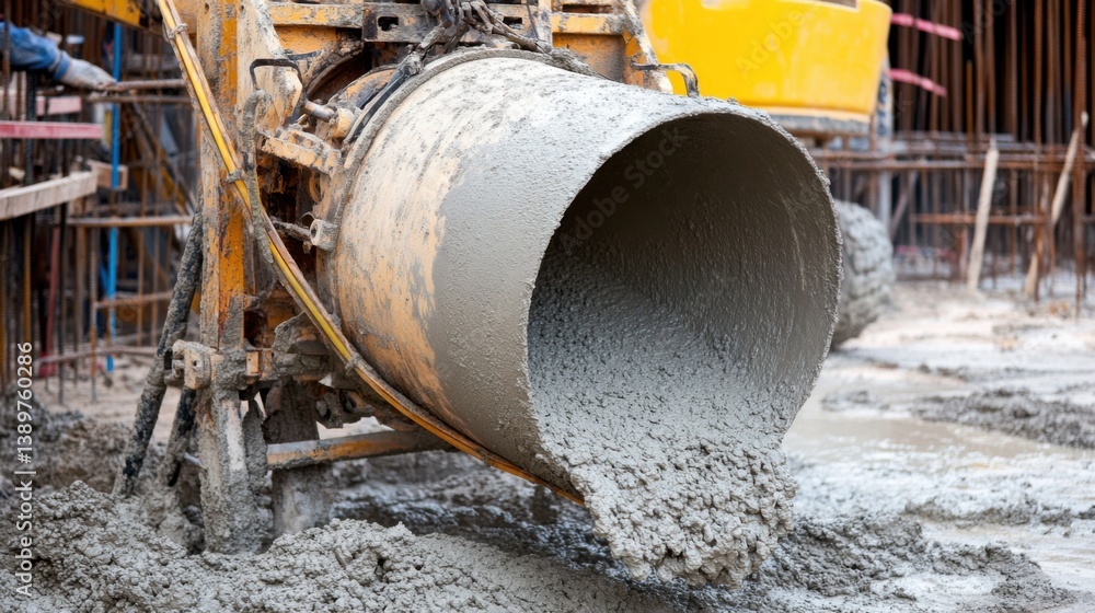 A concrete mixer preparing cement for a construction project. Featuring precision and mechanical work A concrete mixer preparing cement for a construction project. Featuring precision and mechanical work