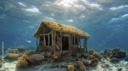 Fototapeta Naklejka Na Ścianę i Meble -  house made of coral sits on shallow reef underwater