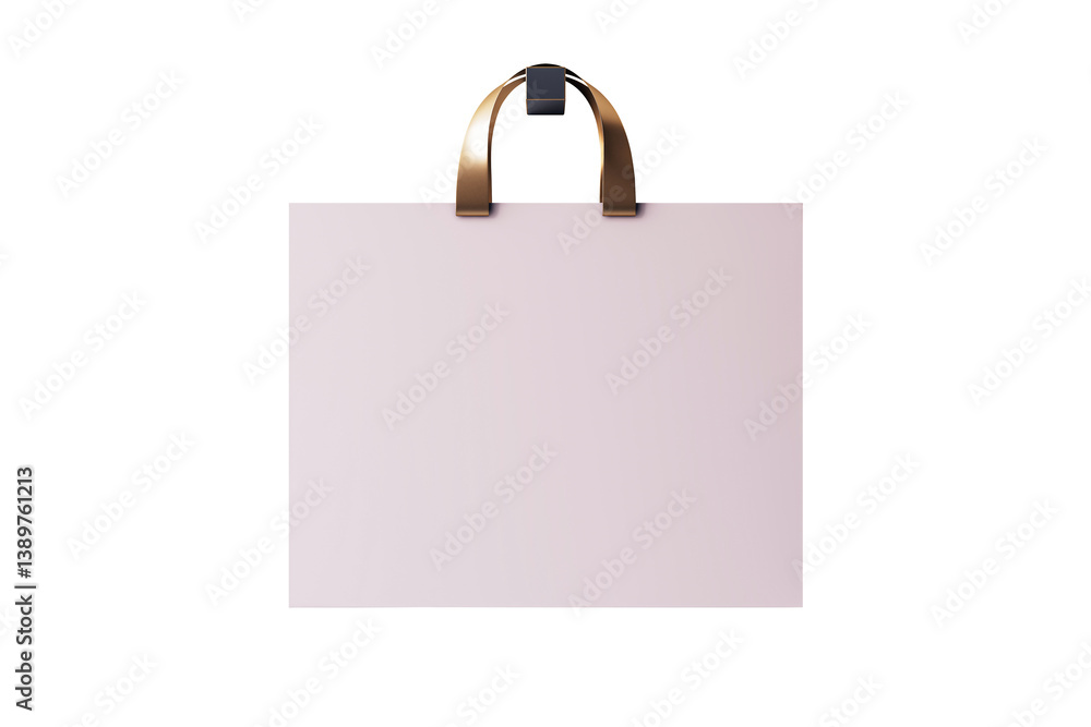 Empty shopping bag mockup with golden handle in clean front view, isolated on white background, for branding, packaging, and design layout. 3D Rendering.
