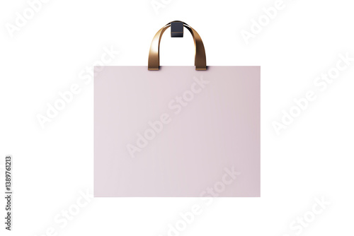 Obraz na płótnie Empty shopping bag mockup with golden handle in clean front view, isolated on white background, for branding, packaging, and design layout. 3D Rendering. w salonie