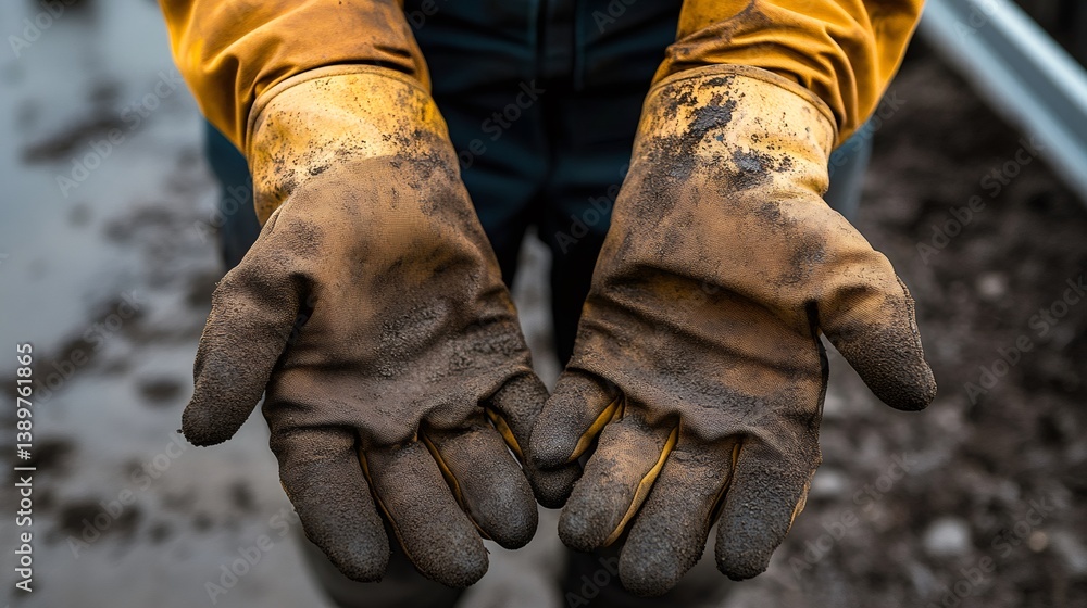 Worker showing dirty protective gloves after work in the field