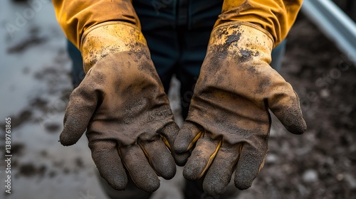 Obraz na płótnie Worker showing dirty protective gloves after work in the field w salonie