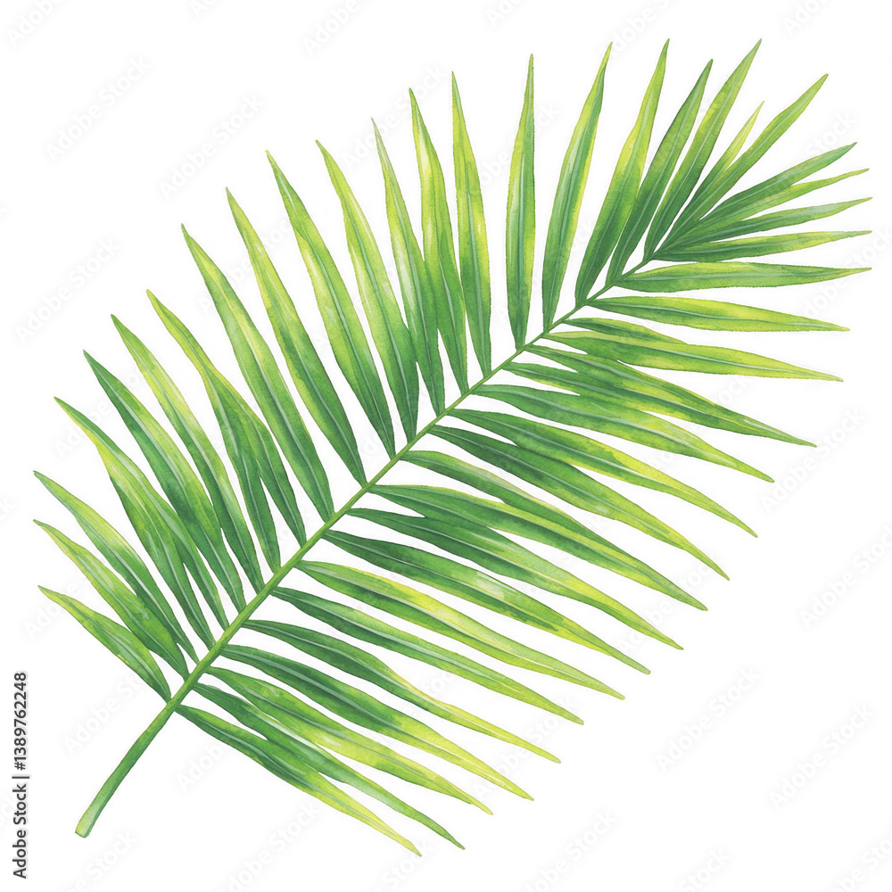 Obraz premium A vibrant green palm leaf against a white isolated background, showcasing the intricate details of each frond and bringing a touch of tropical beauty.