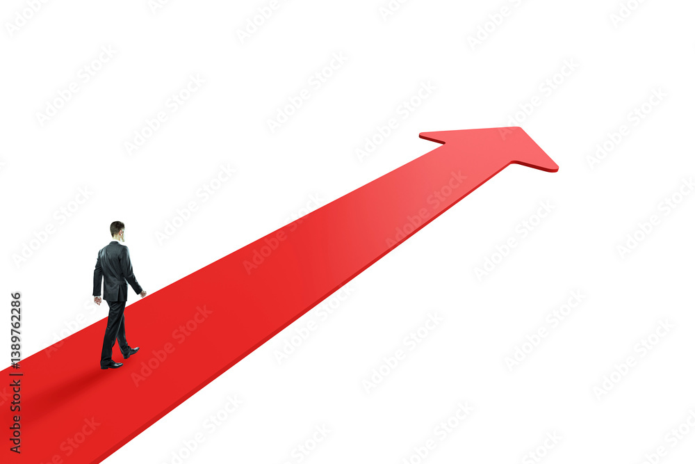 Businessman walking on a red upward arrow, isolated on white background, symbolizing leadership, growth, and success in a clean layout Businessman walking on a red upward arrow, isolated on white background, symbolizing leadership, growth, and success in a clean layout