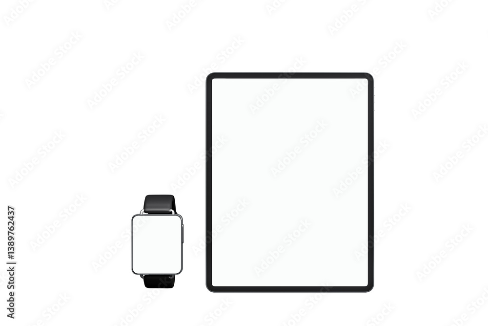 Blank smartwatch and tablet device mockup, clean digital layout style, isolated on white background. Concept of online branding and interface. 3D Rendering. Blank smartwatch and tablet device mockup, clean digital layout style, isolated on white background. Concept of online branding and interface. 3D Rendering.