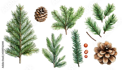 Watercolor painting of various evergreen branches and pine cones