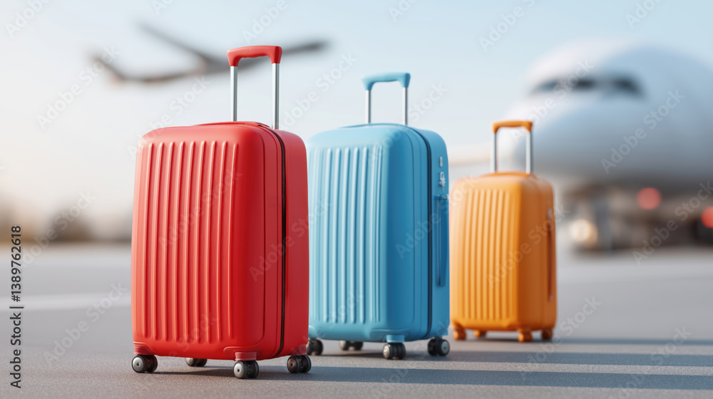 Colorful luggage awaits departure at the airport terminal during sunset with an airplane in the background.