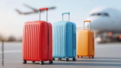 Obraz na płótnie Colorful luggage awaits departure at the airport terminal during sunset with an airplane in the background. w salonie