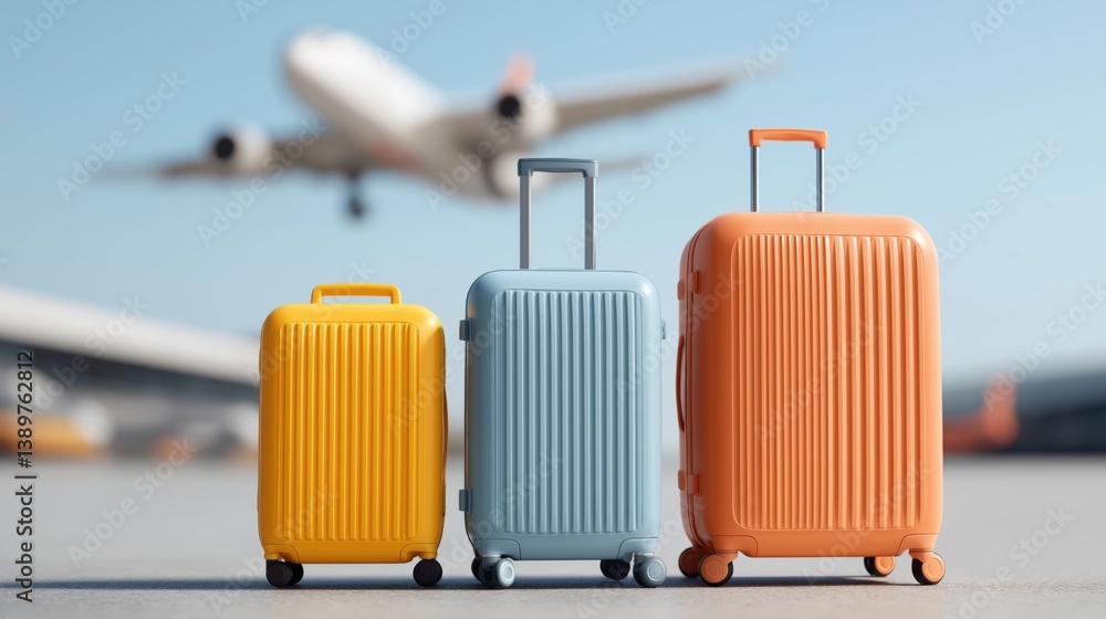 Luggage waits at airport with airplane in background during bright daylight hours, 3d illustration.