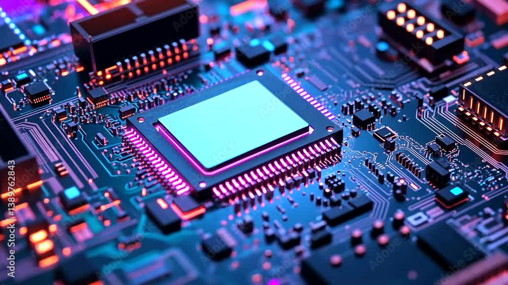 Illuminated CPU on Circuit Board, Tech Background Illuminated CPU on Circuit Board, Tech Background