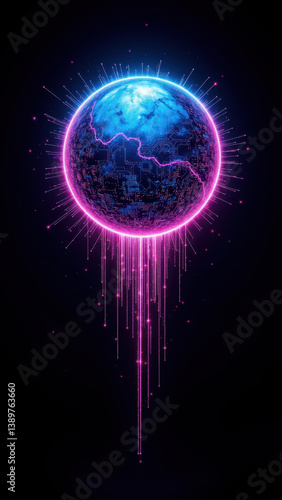 A futuristic depiction of cybersecurity with a stylized Earth surrounded by digital elements.
