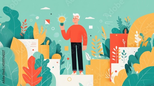 A man holding light bulb stands among colorful foliage in a bright and stylized nature setting during daylight hours.