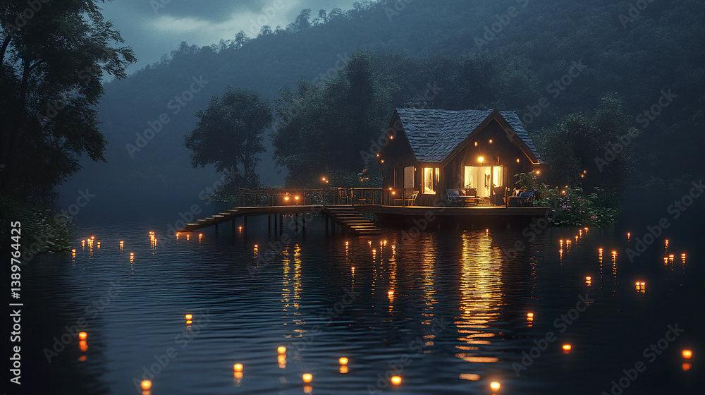 Fototapeta premium Cozy house on lake island with glowing lights and footbridge at dusk