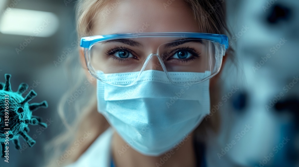 Doctor wearing protective mask and glasses fighting virus in laboratory