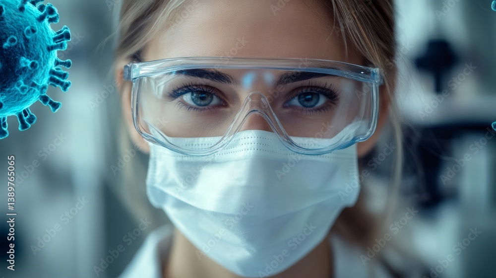 Doctor wearing protective mask and glasses studying coronavirus