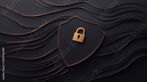 A 3D rendered shield with a lock icon in the center representing data security.