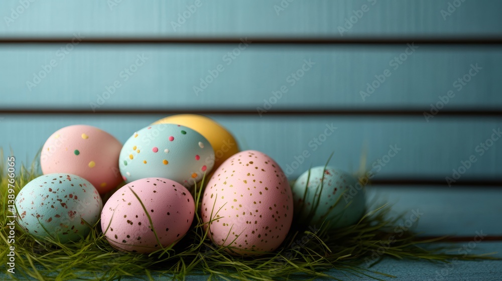 Colorful easter eggs nestling in green grass on rustic blue background
