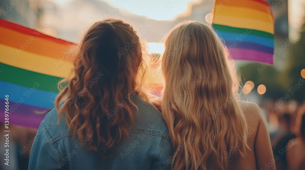 Two women holding rainbow flags at pride parade celebrating lgbtq plus rights