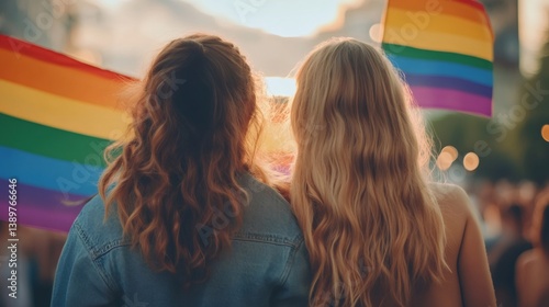 Obraz na płótnie Two women holding rainbow flags at pride parade celebrating lgbtq plus rights w salonie