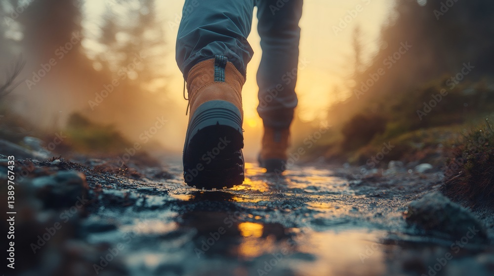 Hiker walking on muddy trail at sunset in misty forest