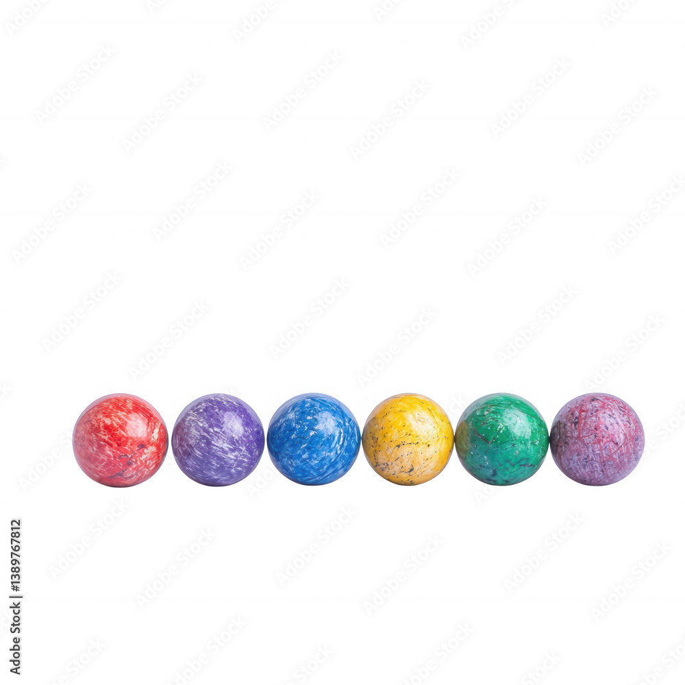 Fototapeta premium Colorful decorative marbles arranged in a row on a white isolated background, showcasing vibrant hues and unique textures.