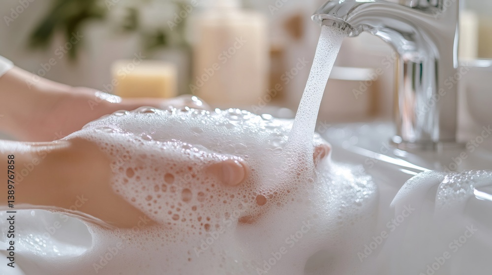Woman washing hands with soap and water in bathroom sink