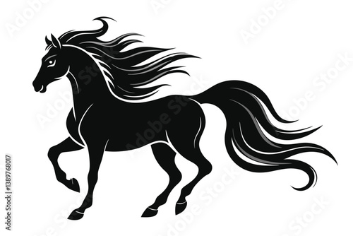 Black silhouette of a running horse with a flowing mane and tail in a vector illustration style.
