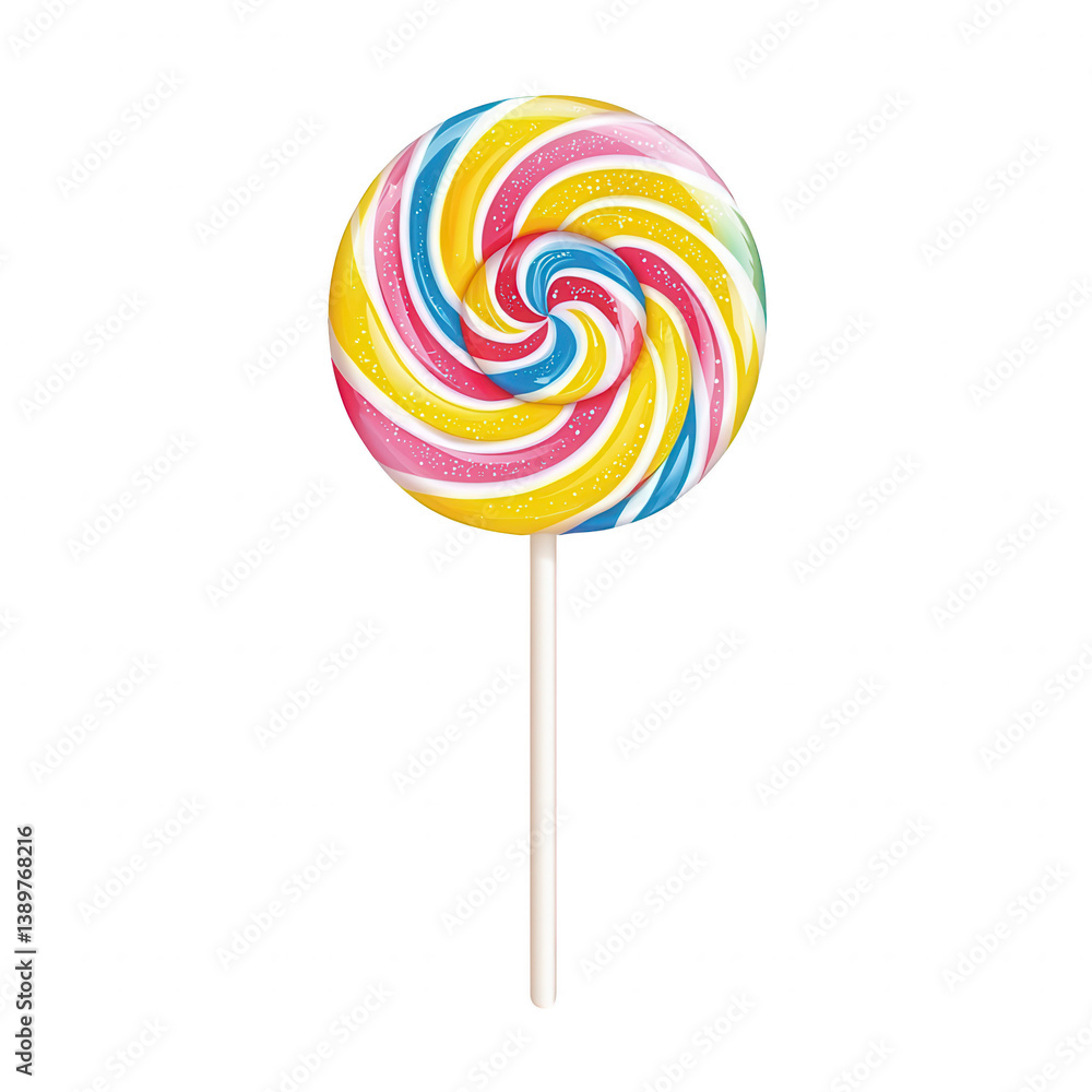 Colorful spiral lollipop on a stick, depicting a vibrant swirl of red, yellow, blue, and white. Perfect for sweets and candy-themed designs. Colorful spiral lollipop on a stick, depicting a vibrant swirl of red, yellow, blue, and white. Perfect for sweets and candy-themed designs.