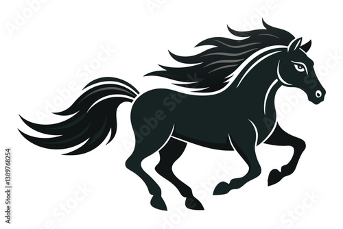 Black silhouette of a running horse with a flowing mane and tail in a vector illustration style.