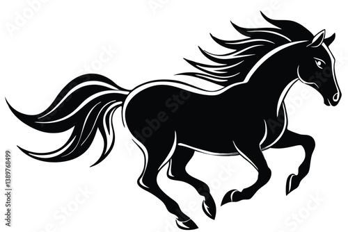 Black silhouette of a running horse with a flowing mane and tail in a vector illustration style.