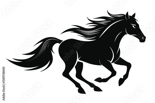 Black silhouette of a running horse with a flowing mane and tail in a vector illustration style.