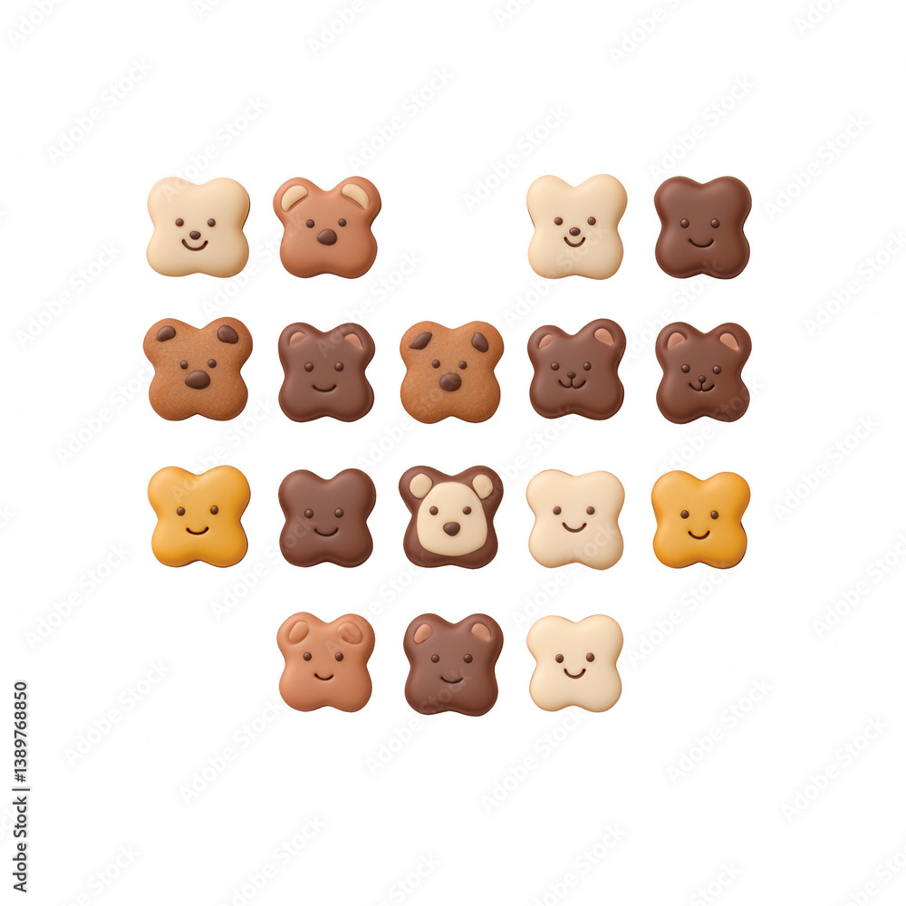 Cute bear-shaped cookies in various chocolate shades arranged in a heart pattern. Ideal for dessert lovers and sweet treats enthusiasts. Cute bear-shaped cookies in various chocolate shades arranged in a heart pattern. Ideal for dessert lovers and sweet treats enthusiasts.