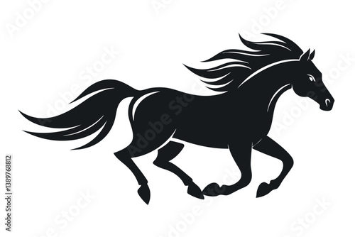 Black silhouette of a running horse with a flowing mane and tail in a vector illustration style.