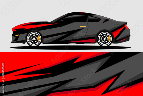 Sleek sports car design featuring bold red and black graphics, set against a minimalist background