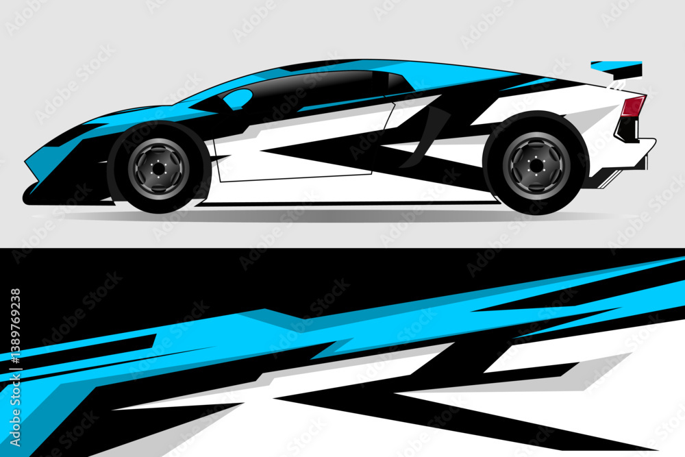 Sleek sports car design featuring dynamic blue and black graphics on a minimalist background Sleek sports car design featuring dynamic blue and black graphics on a minimalist background