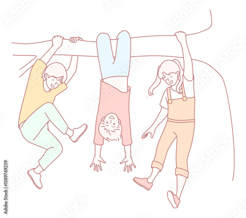 A group of fun and carefree kids is joyfully enjoying outdoor playtime while hanging upside down from trees