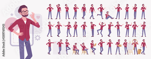 Handsome modern businessman character set, busy office workday life poses bundle. Business man, active male day routine at workspace, corporate company lifestyle. Vector illustration