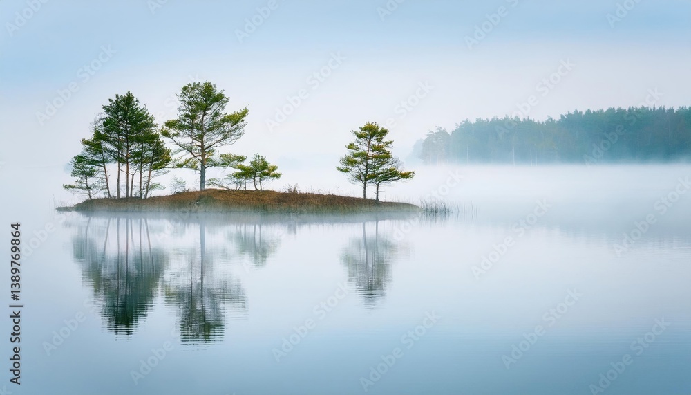 Obraz premium Serene misty island landscape with reflections on calm lake water 