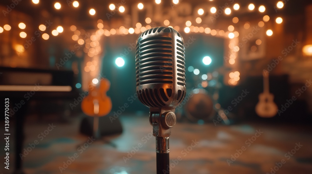 Vintage microphone stands on stage, ready for the show with blurred instruments in background