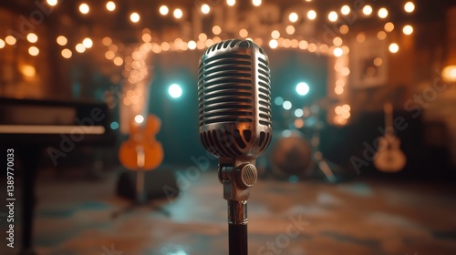 Obraz na płótnie Vintage microphone stands on stage, ready for the show with blurred instruments in background w salonie