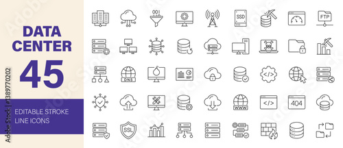 Data center icon set. Containing data analytics, security, server, hosting, computer, internet, cloud computing, technology, big data, database and more. Editable line icons. Vector illustration.