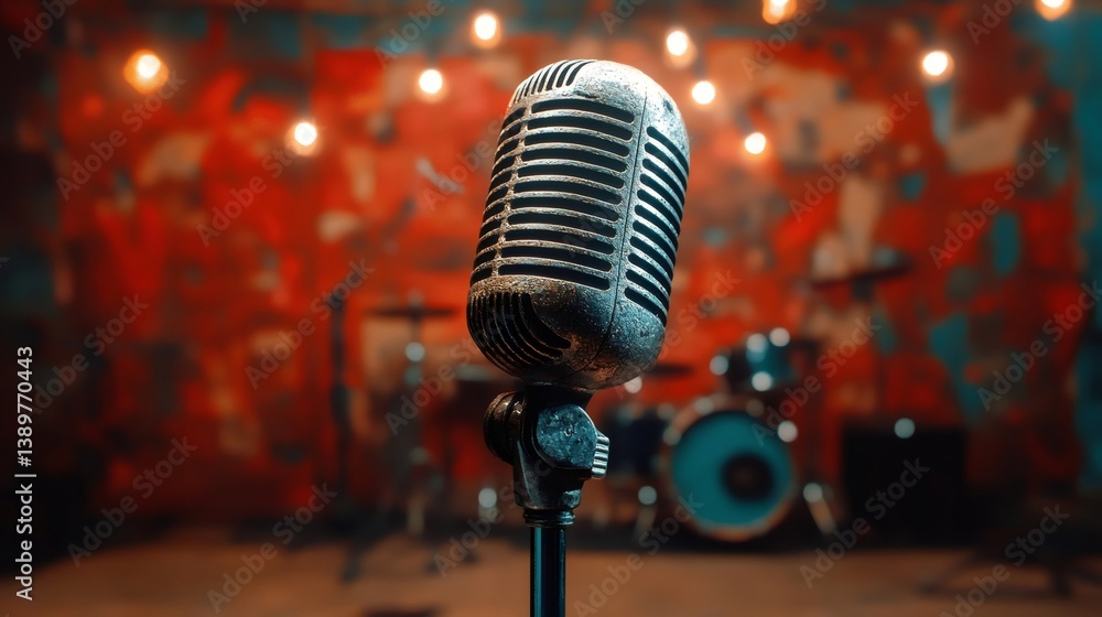 Vintage microphone stands ready for a performance in a recording studio