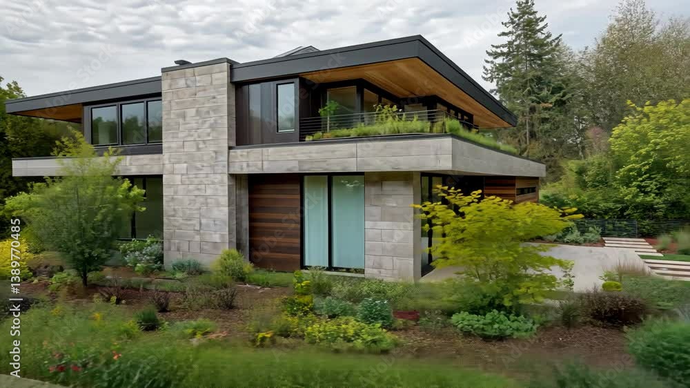 Modern house design with large windows and contemporary garden showcasing sleek architecture Modern house design with large windows and contemporary garden showcasing sleek architecture