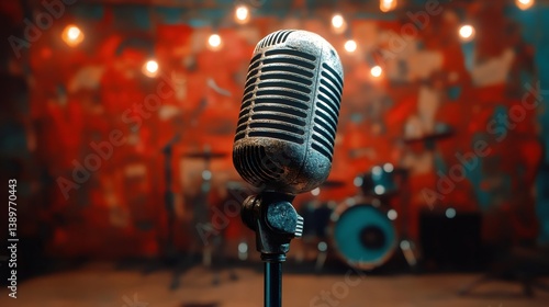 Obraz na płótnie Vintage microphone stands ready for a performance in a recording studio w salonie