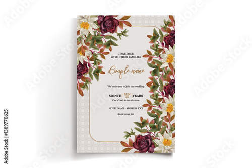 WEDDING INVITATION FRAME WITH FLOWER DECORATIONS AND FRESH LEAVES