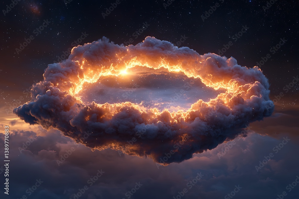 A magnificent cloud formation surrounds a brilliant celestial light source