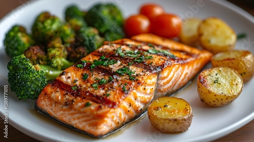 Grilled salmon with roasted potatoes, broccoli and cherry tomatoes creating a healthy and delicious meal