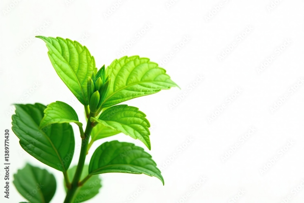 Fototapeta premium Lush green plant isolated on white background, with delicate leaves and stems, flower, foliage, botanical